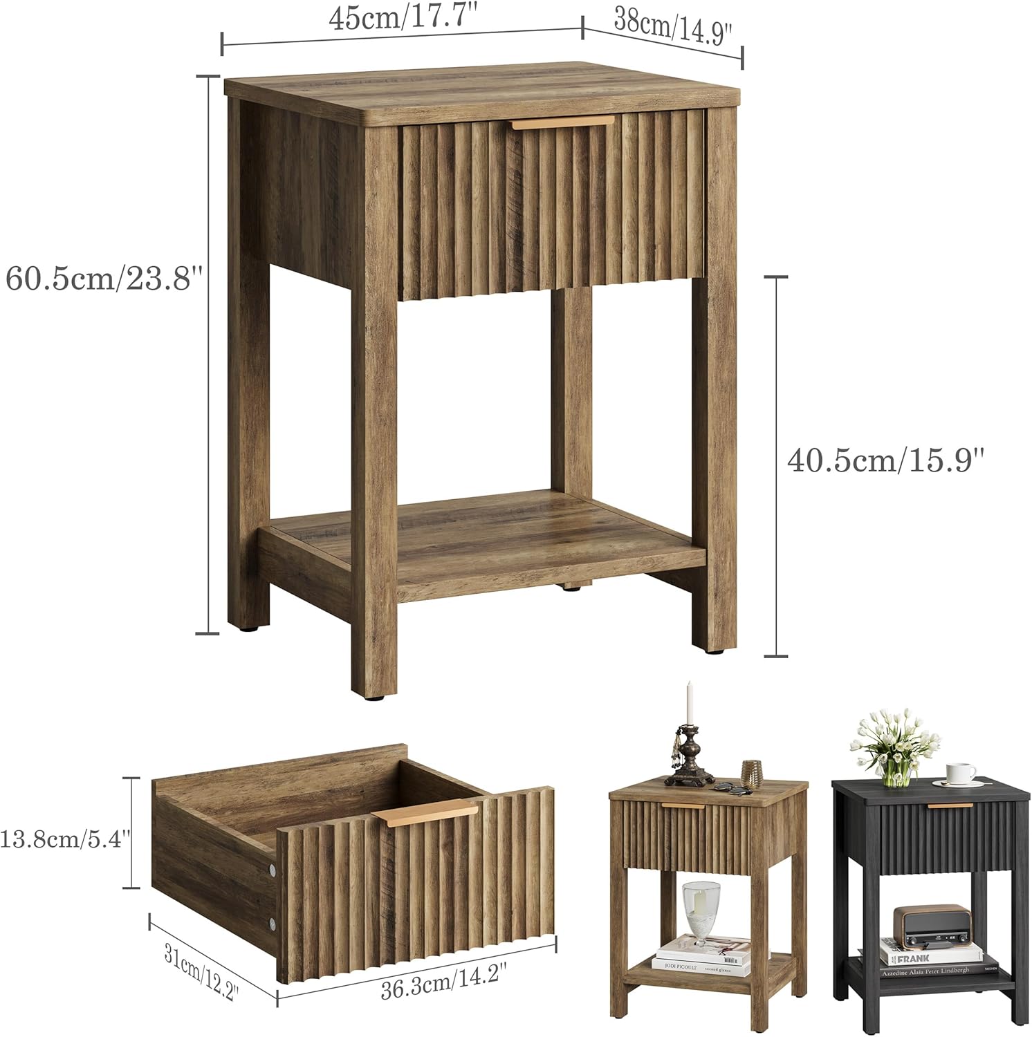 Fluted Nightstands Set of 2, Farmhouse Wood End Table with Drawer, Modern Beside Table with Open Storage Shelf, Small Side Table Organizer for Couch Bedroom Living Room(2, Brown) BNS102YW-2