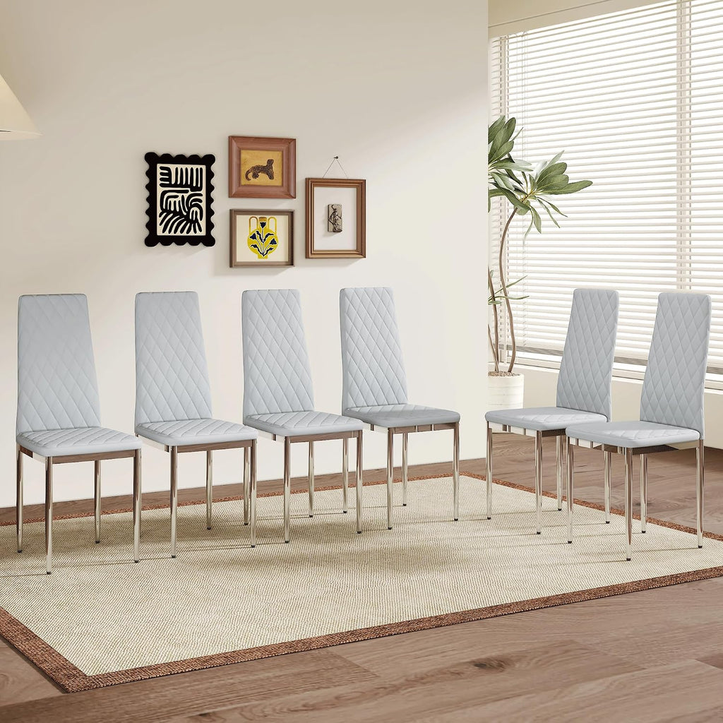 Dining Chairs Set of 6, Gray PU Leather, High Back, Silver Legs | Modern upholstered high-back kitchen chairs with padded seats for dining rooms, restaurants, apartments