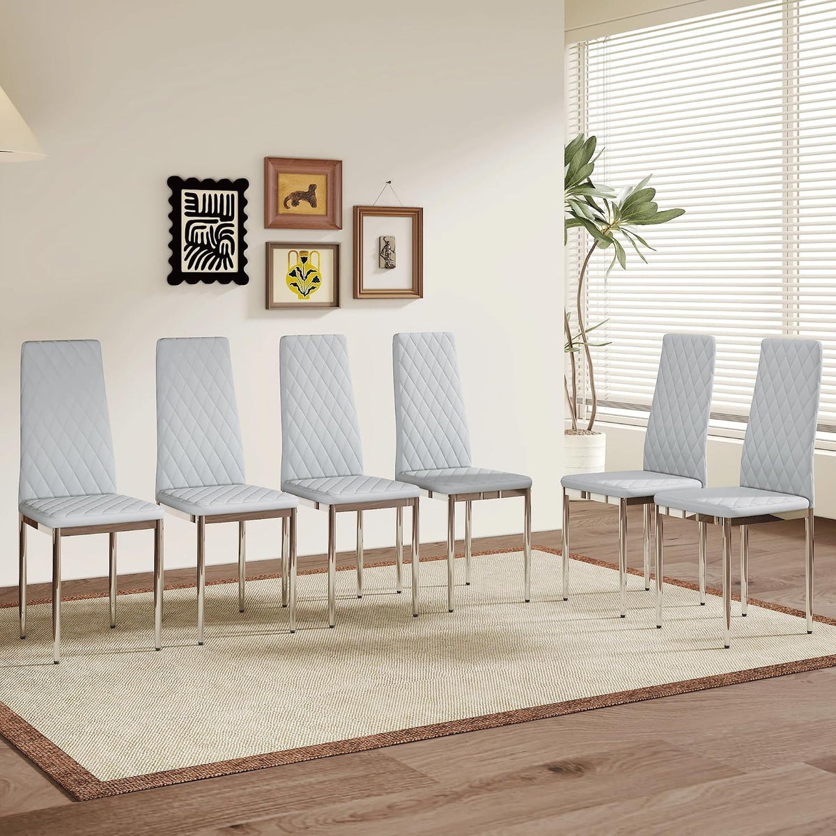 Dining Chairs Set of 6, Gray PU Leather, High Back, Silver Legs | Modern upholstered high-back kitchen chairs with padded seats for dining rooms, restaurants, apartments