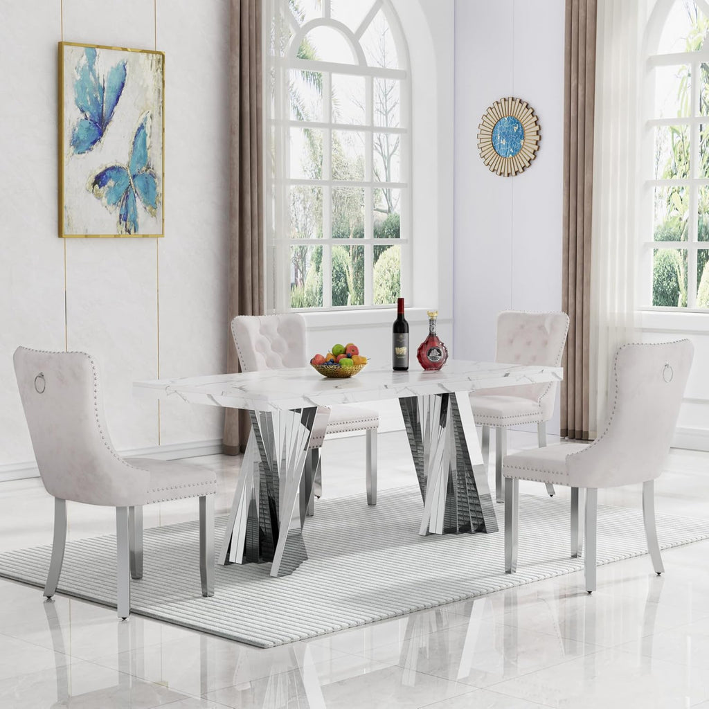 70" Faux Marble White Dining Table for 6, Modern Dining Room Table with 0.71" Marble Printing MDF Top and Flash-Shaped Silver Stainless Steel Base,Rectangular Large Kitchen Dinner Table