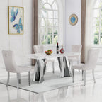 70" Faux Marble White Dining Table for 6, Modern Dining Room Table with 0.71" Marble Printing MDF Top and Flash-Shaped Silver Stainless Steel Base,Rectangular Large Kitchen Dinner Table