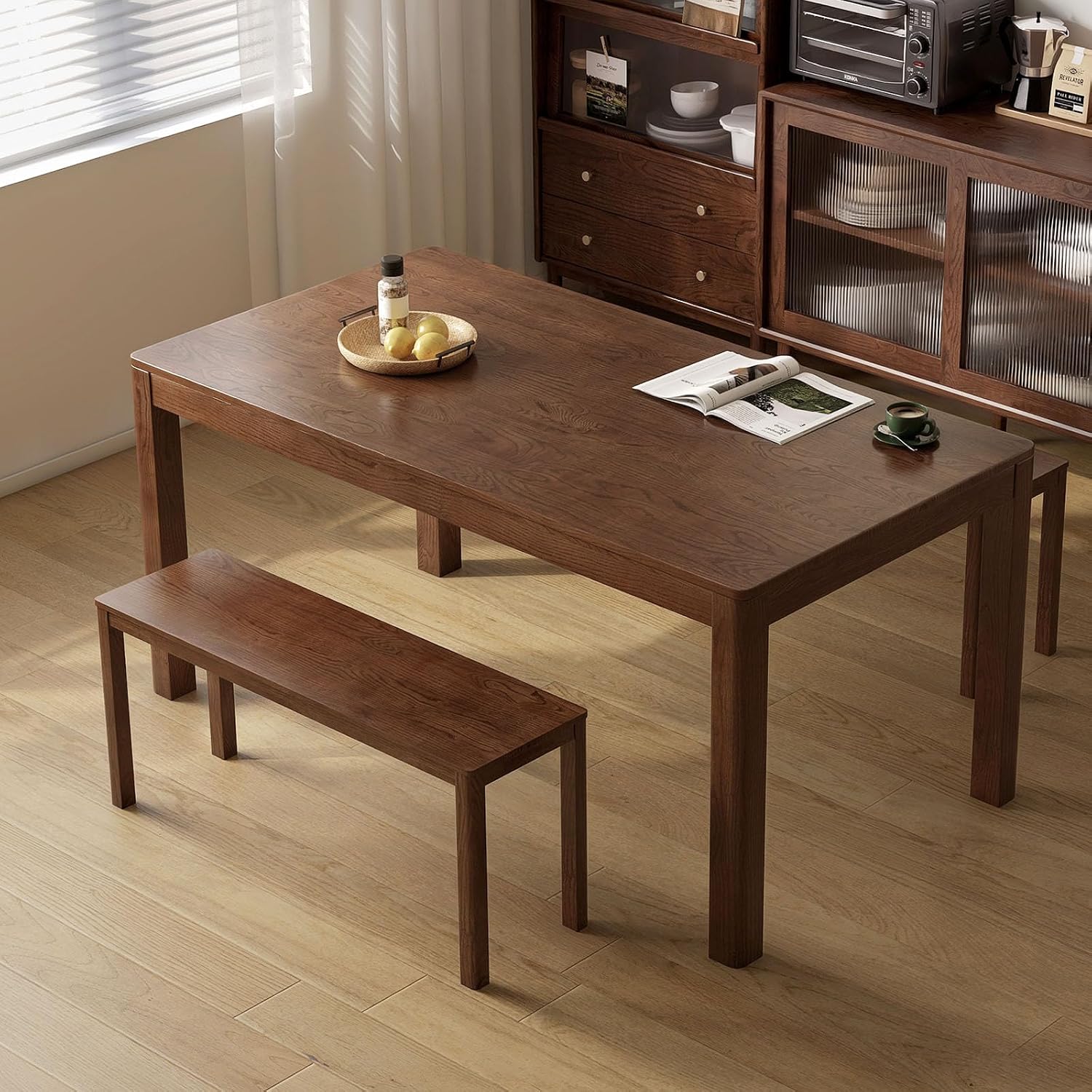 100% Solid Oak Wood Dining Bench, 39.6'' Entryway Bench Extra Chair Seat Long Ottoman with Squre End & Round Corner for Kitchen Living Room Bedroom, Walnut
