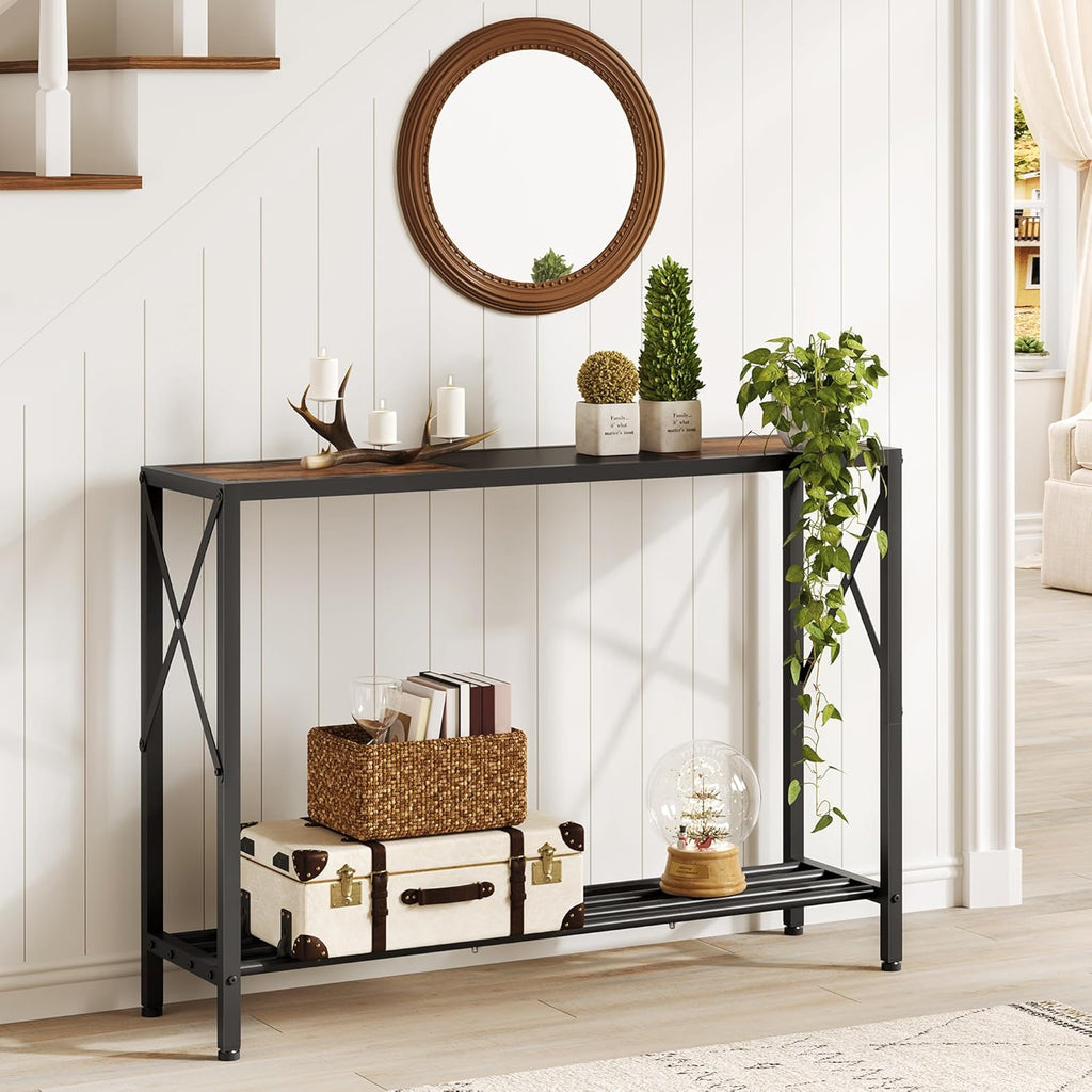 Tajsoon Console Table 41.8”, 2-Tier Industrial Entryway Table, Narrow Entrance Sofa Table with Shelves, Hallway, Living Room, Foyer, Corridor, Office, Rustic Brown and Black