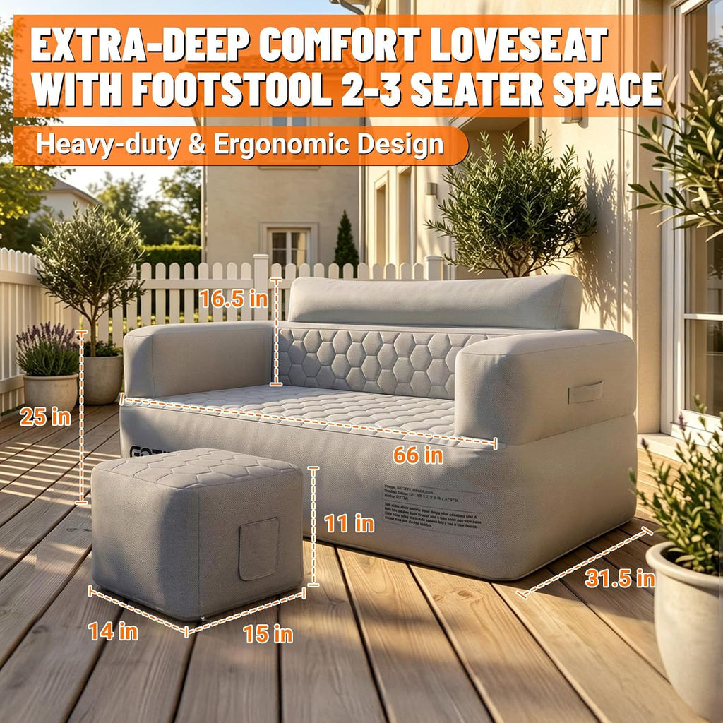 Inflatable Couch Loveseat with Footstool, Camping Couch with Detachable Built-in Pump, Inflatable Sofa with Breathable, Puncture-Resistant Fabric Texture Cover, Camping, Beach, Backyard Party