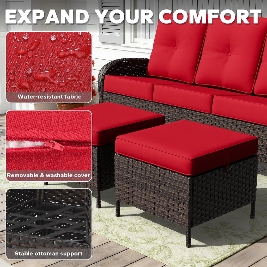 Outdoor Ottomans Set of 2 with Weather-Resistant & Thickened Cushions, PE Rattan Patio Conversation Set for Deck, Porch, Sunroom (Red)