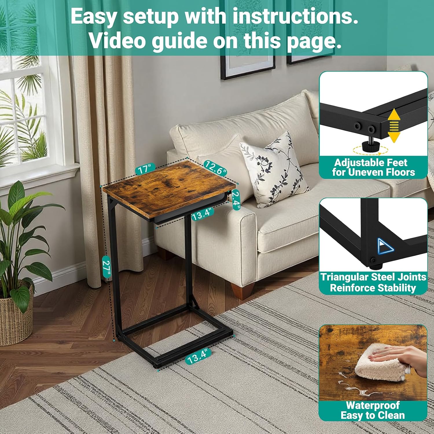 YEASHEIN C Shaped End Table Set of 2 with Cubby, Reinforced Base Small Couch Tables That Slide Under, 27”H C Table for Sofa, TV Tray Table for Eating, Couch Side Table for Small Spaces, Living Room