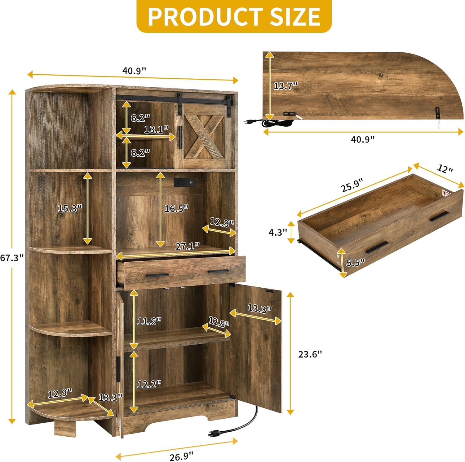 DWVO Kitchen Pantry Cabinet with Power Outlet, 67" Tall Farmhouse Pantry Storage Cabinet with Barn Doors, Drawer & Microwave Stand, Freestanding Hutch for Kitchen & Dining Room, Rustic Brown