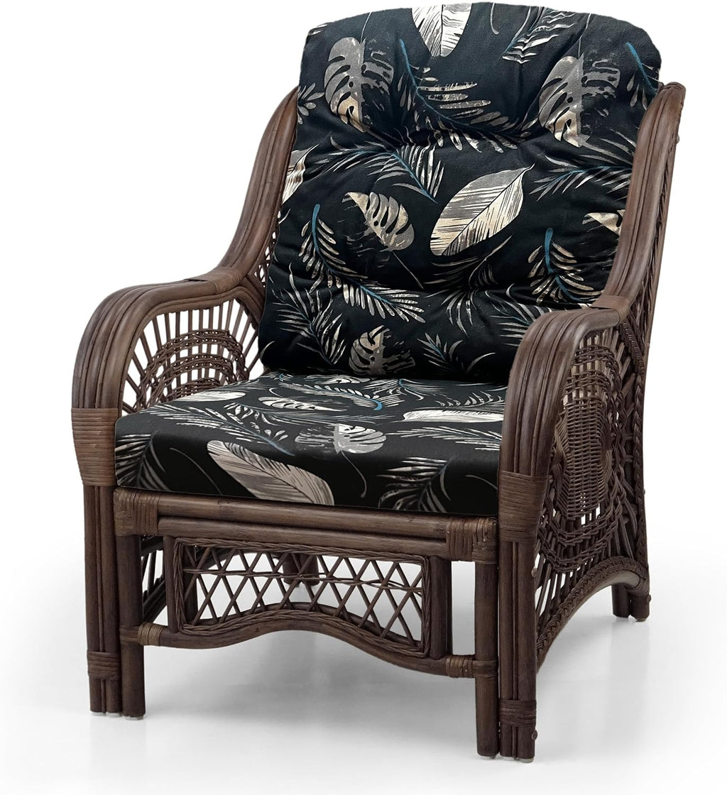 Malibu Lounge Living Accent Armchair Natural Rattan Wicker Handmade Design, Dark Brown with Black Leaf Cushion