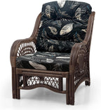 Malibu Lounge Living Accent Armchair Natural Rattan Wicker Handmade Design, Dark Brown with Black Leaf Cushion