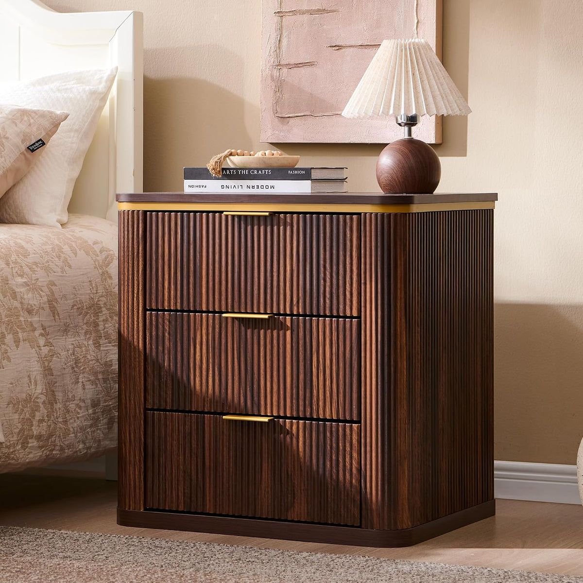 T4TREAM 24" Large Mid Century Modern Fluted Nightstand with 3 Drawers, End Table, Bedside Table for Bedroom, Living Room (Dark Walnut)