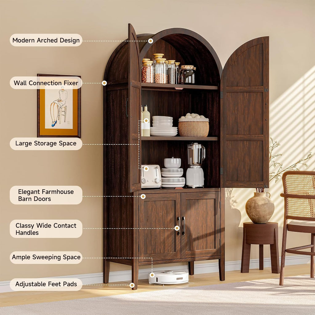 ONBRILL 71" Tall Wooden Arched Cabinet, 5-Tier Arched Kitchen Pantry Cabinet with Doors & Shelves, Farmhouse Kitchen Arch Cabinets with Adjustable Feet, Wooden Pantry Storage for Dining Room(Brown)
