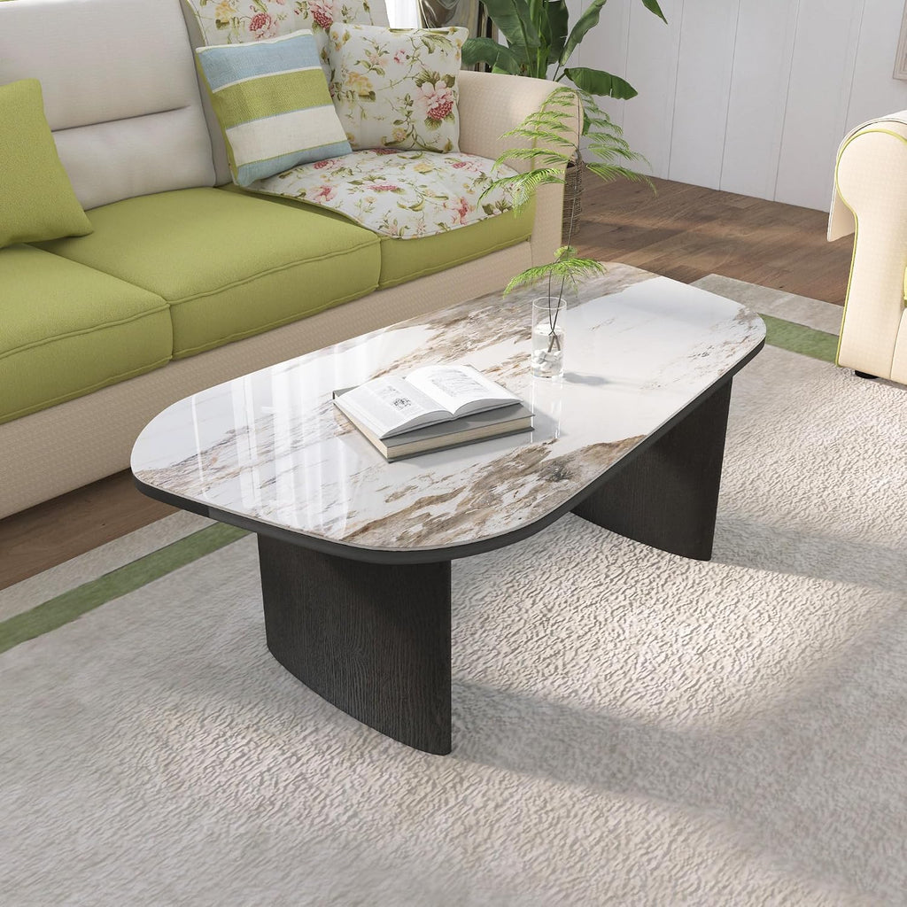 Luxury Marble Coffee Table, Premium Sintered Stone Top, Natural Wood Look Base, Modern Design Stone Cocktail Table, Marble Top Coffee Table for Living Room, Sculptural Contemporary Center Table