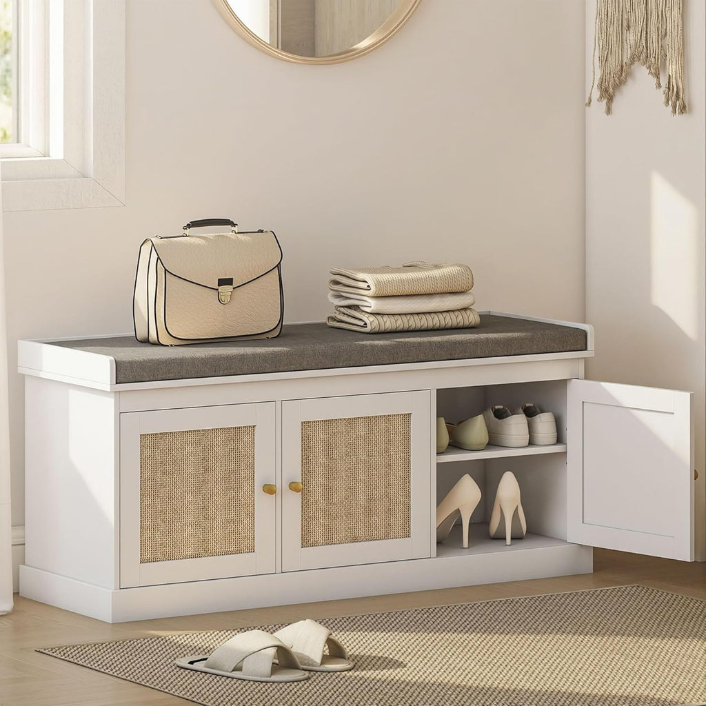 HOMCOM Shoe Bench with Woven Rattan Doors, Shoe Storage Bench with Cushion, Adjustable Shelves for 9 Pairs, Boho Style Entryway Bench for Bedroom, Living Room, 13.8 x 41.3 x 18.5 Inches, White