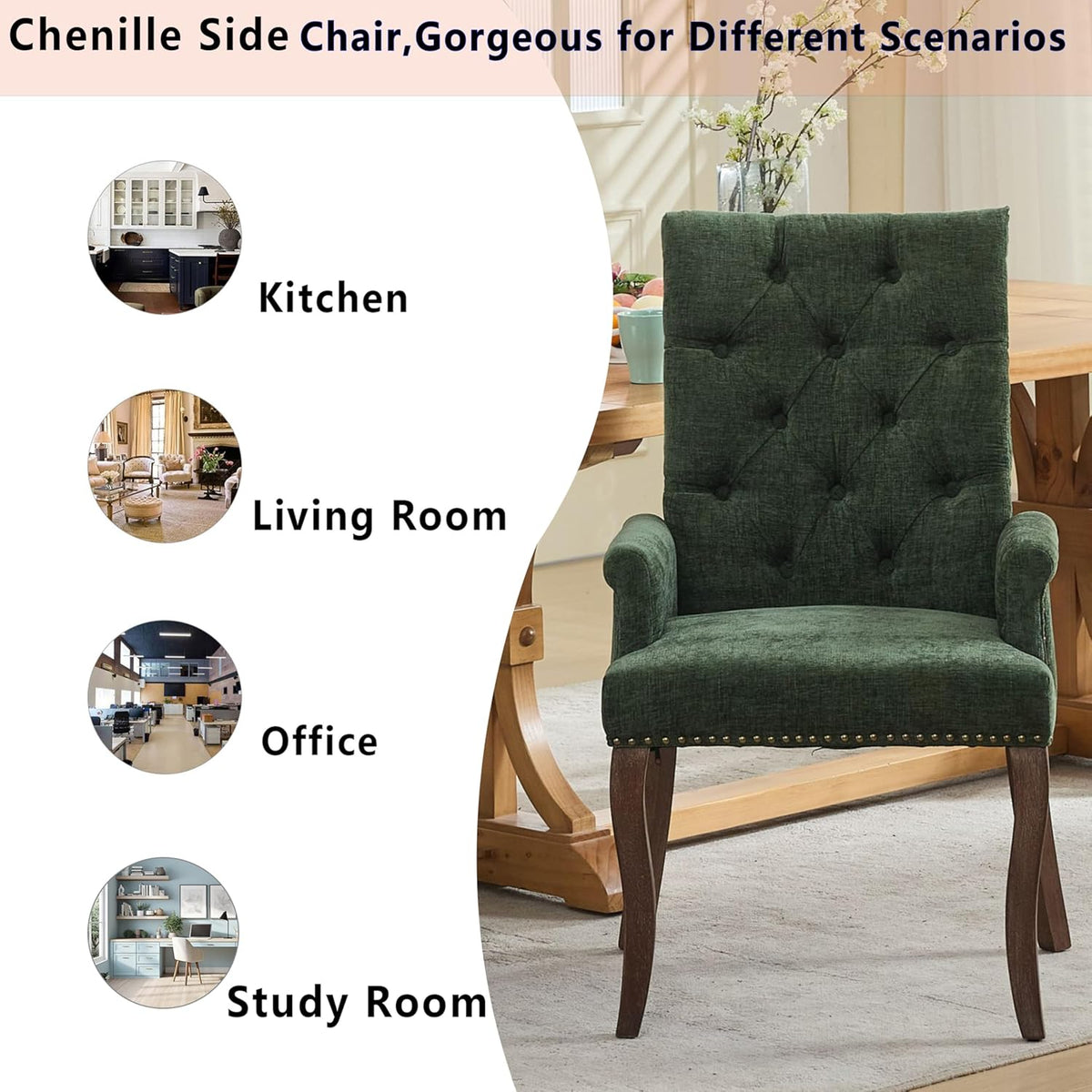 Chenille Tufted Dining Chairs with High Back,Neutral Fabric Upholstered Kitchen Chair with Rustic Solid Wood Legs,Farmhouse Side Chairs with Arms Nailhead Trim for Dining Room (Olive, 2PC)