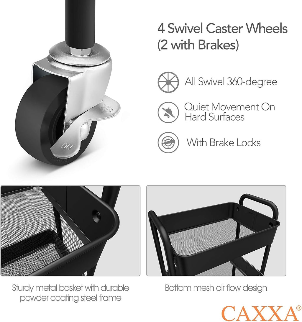 CAXXA 3-Tier Rolling Metal Storage Organizer - Mobile Utility Cart, Kitchen Cart with Caster Wheels (Black)