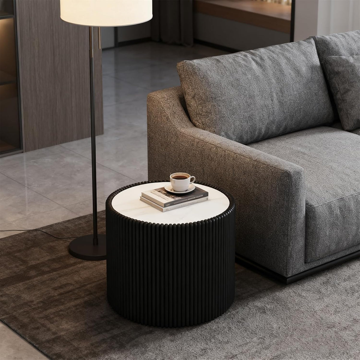 17.7-Inch Round End Table for Living Room Office, White Faux Marble Tabletop, Black Fluted PU Leather Covered, Modern Round Sofa Side Table Small Coffee Table, 17.71''Dia x 17.71''H