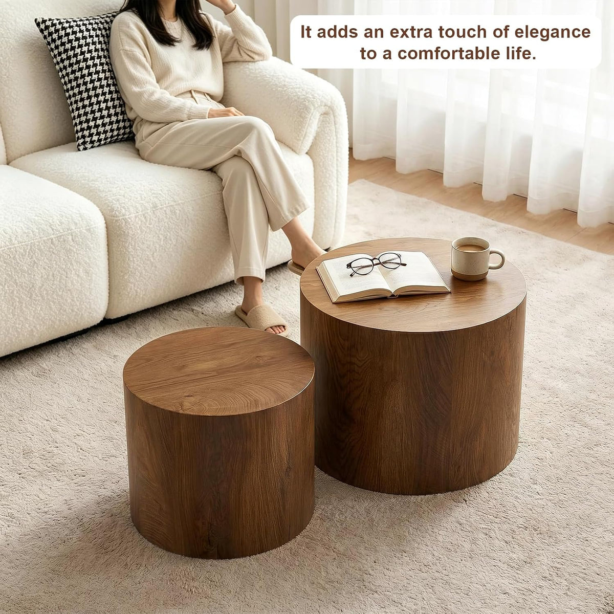 Round Coffee Table Set of 2,Modern Nesting Center Table with Non-Slip Feet | Minimalist Wood Center Table for Living Room, Bedroom, Office, Small Space, No Assembling,Beige