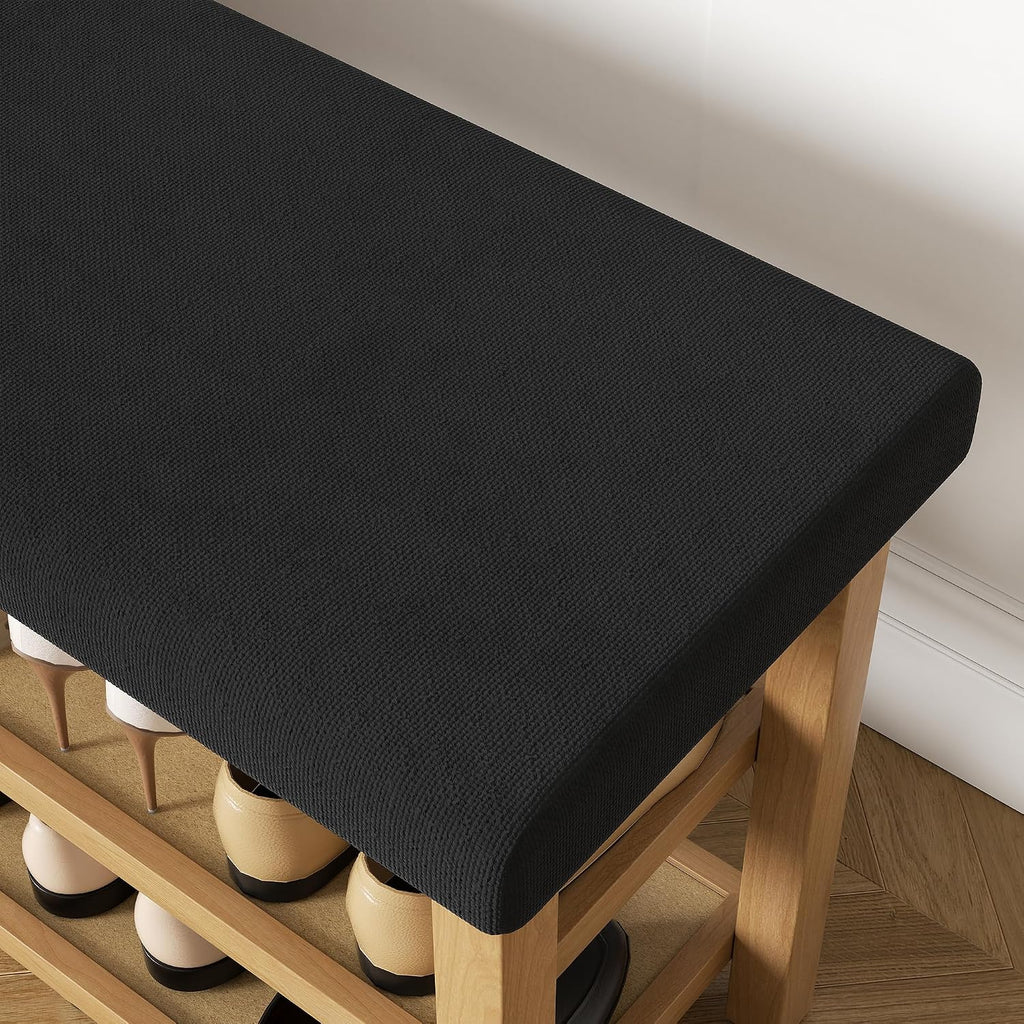2 Tier Shoe Rack Bench with Cushion, Rubberwood Shoe Benches, Mid-Century Modern Shoe Storage Bench for Entryway, Hallway, Living Room, Closet, Front Door Entrance, Black