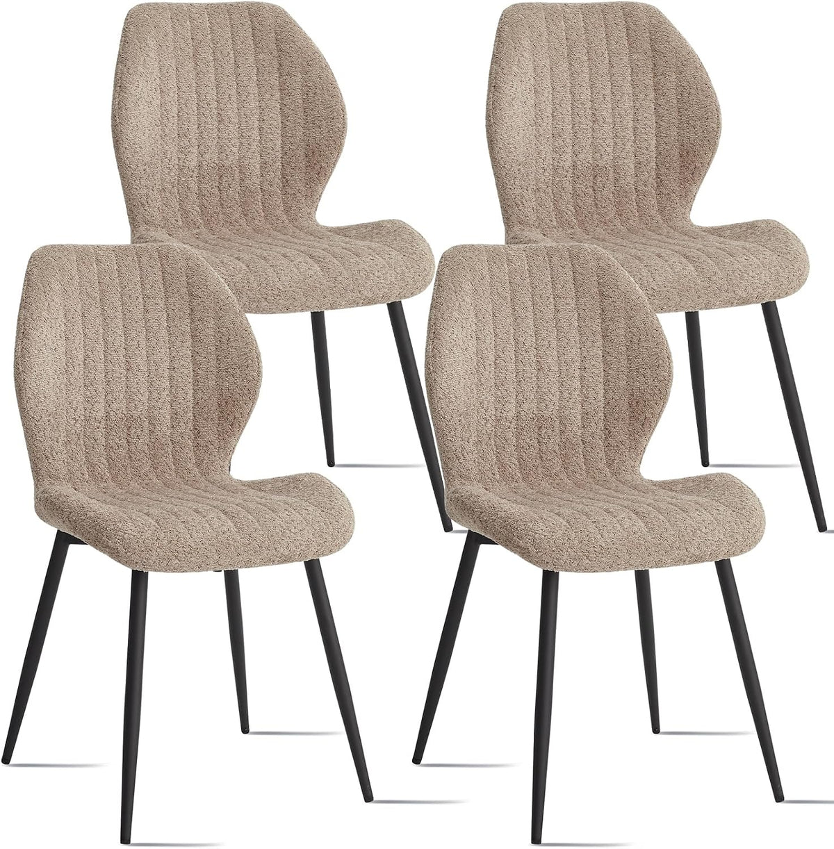 Modern Minimalist Dining Chairs Set of 4, Boucle Fabric, Brown | Thick High-Density Resilient Foam Cushion, Sturdy Metal Frame; Non-Slip Foot Caps Protect Floors, Perfect For Dining Room