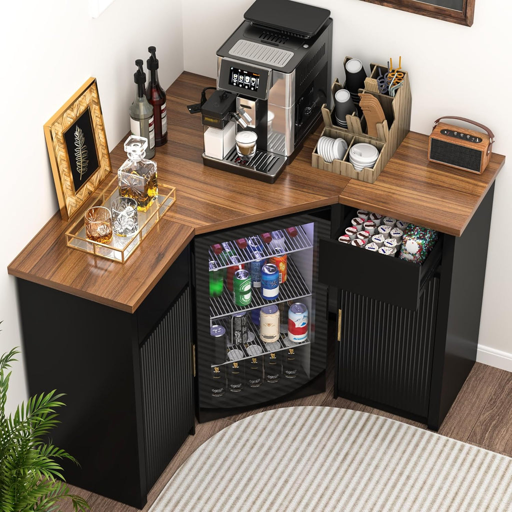 GDLF Corner Coffee Bar with Fridge Space, L Shaped Liquor Cabinet,Black | L-Shaped Countertop, Wine Glass Rack, Adjustable Shelves, Drawer Storage, Power Outlet, Coffee Station for Home & Kitchen