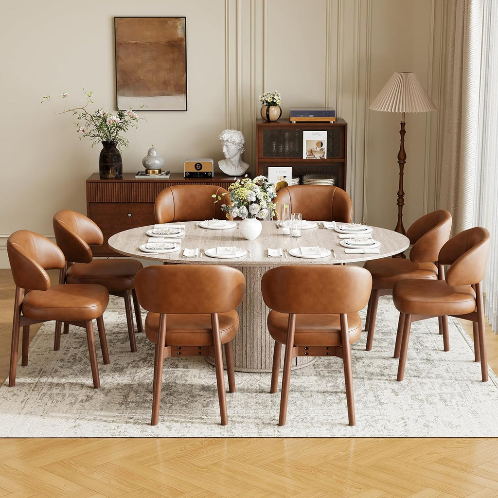 MALOL 47"-63" Extendable Round to Oval Dining Room Table Chairs Set for 4-8, Modern Wooden Kitchen Table and Chairs with Hidden Storage and Fluted Design for Dining Room/Small Space(White and Brown)
