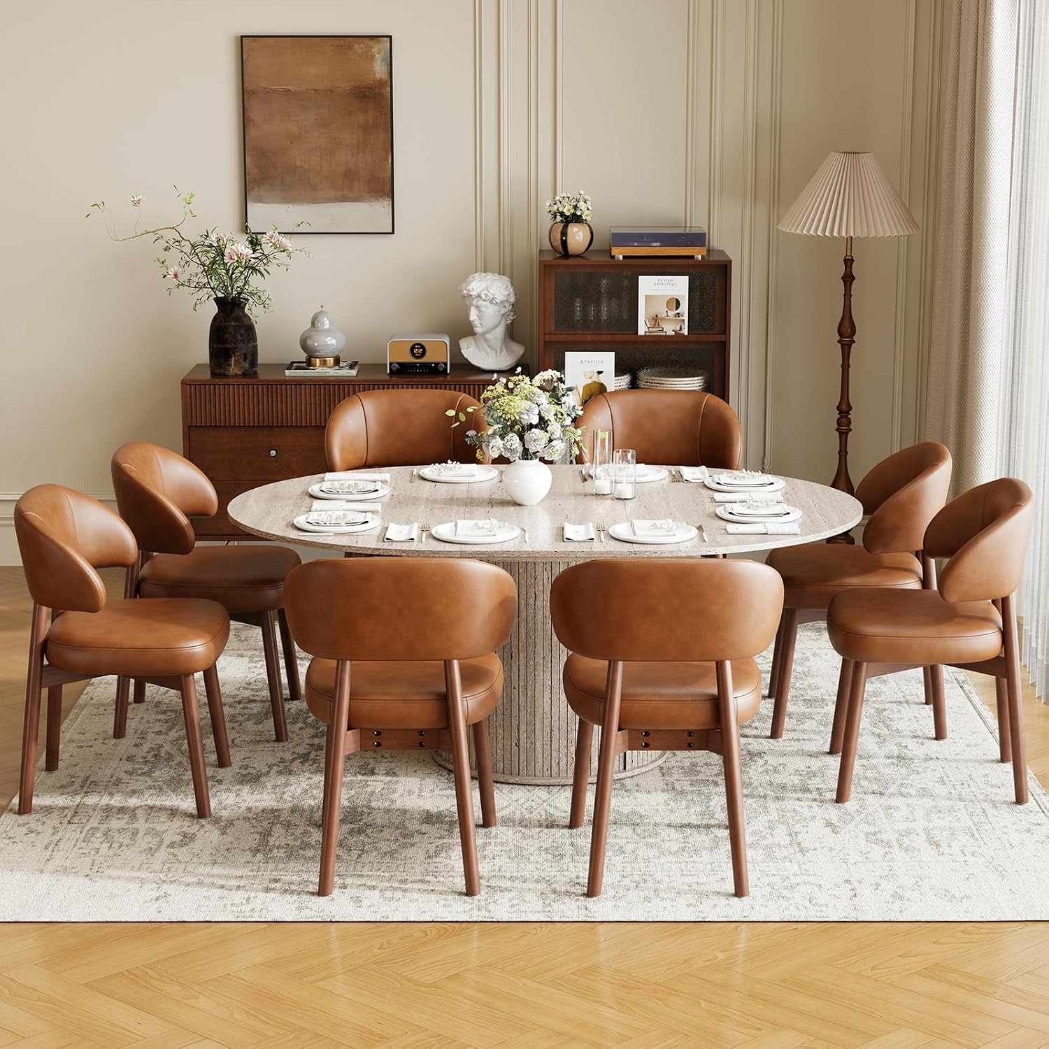 MALOL 47"-63" Extendable Round to Oval Dining Room Table Chairs Set for 4-8, Modern Wooden Kitchen Table and Chairs with Hidden Storage and Fluted Design for Dining Room/Small Space(White and Brown)