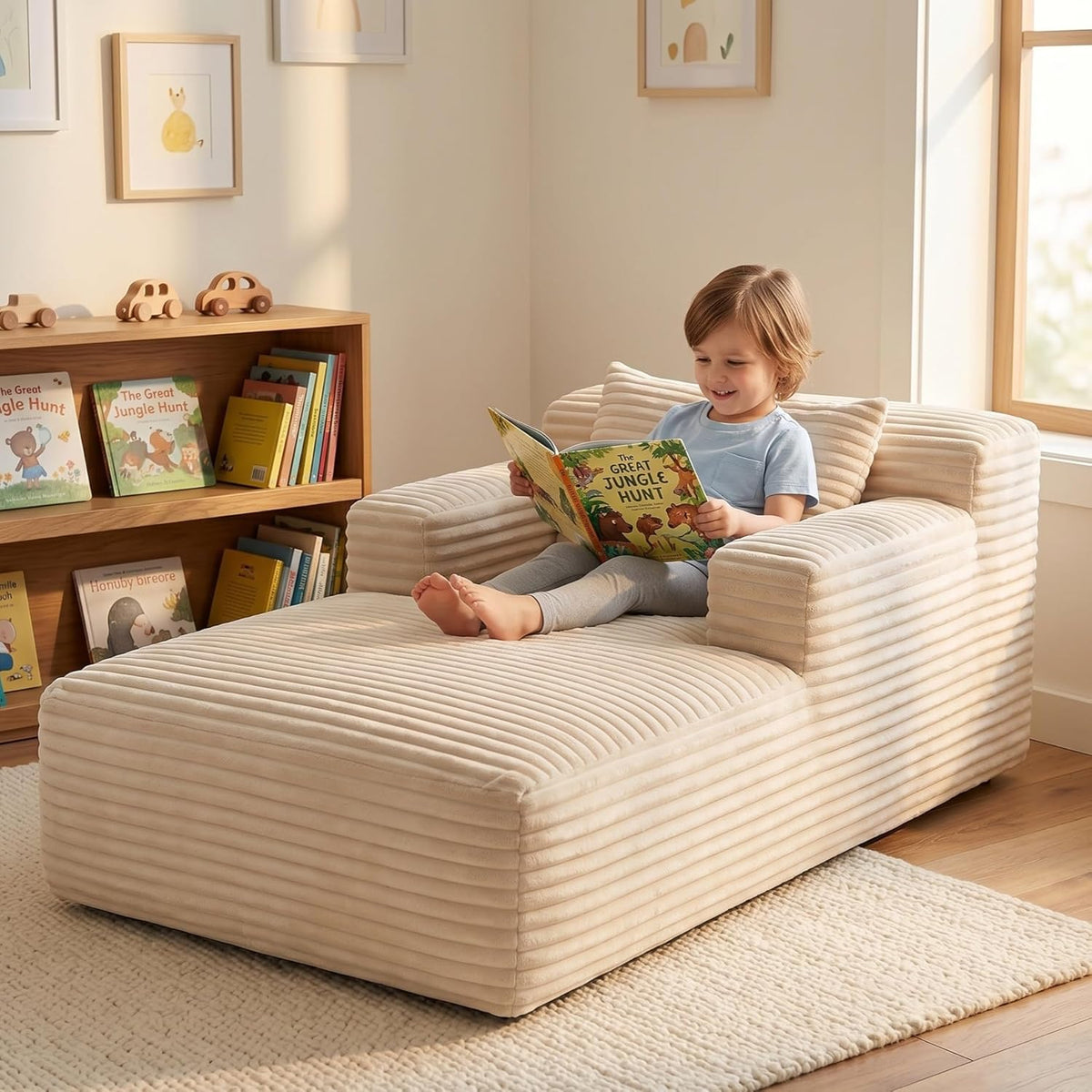 45" Mini Chaise Lounge Chair, Corduroy Upholstered Sofa Bed, Deep Seat Sleeper Couch, Small Comfy Cloud Couch for Living Room, Bedroom, Movie Room, Beige