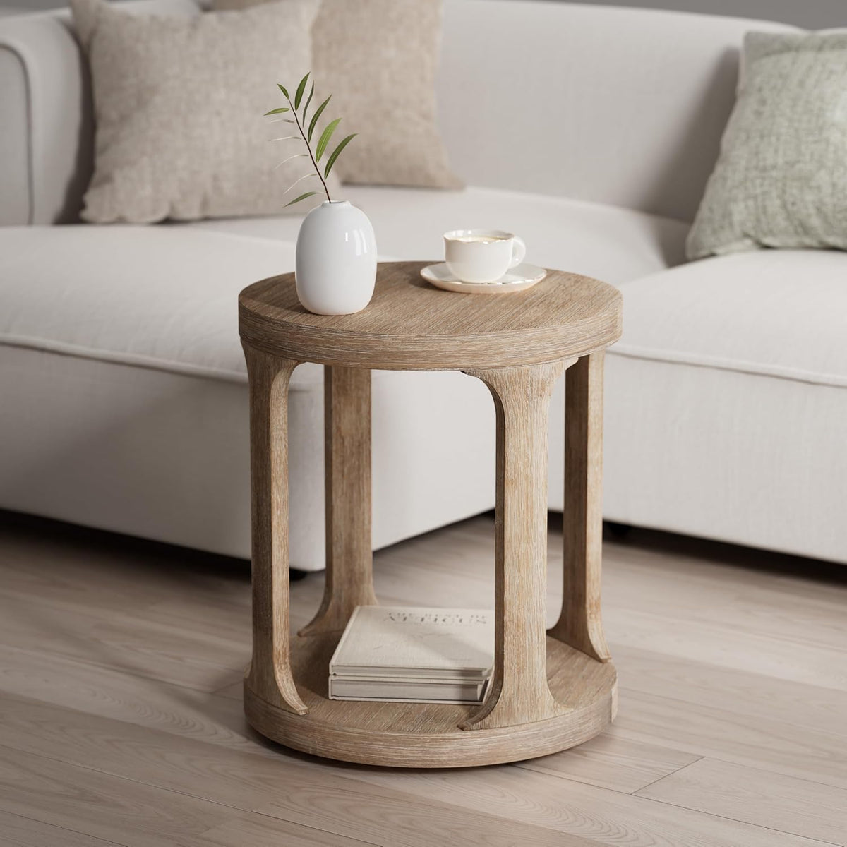 COZAYH Farmhouse Small End Table Wood Round Side Table for Small Space Rustic Pedestal Table for Living Room, Office, Couch, Distressed Wood Grey Finish