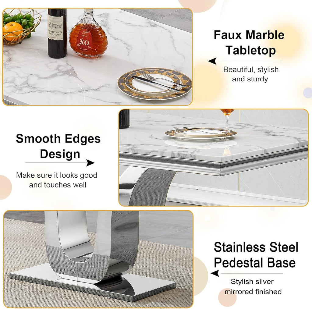 Faux Marble Dining Table for 4 to 6, 68 inch Luxury Dining Room Table with White Faux Marble Top & Silver Stainless Steel U Base, Modern Rectangle Dinner Table for Kitchen Living Dining Room Apartment
