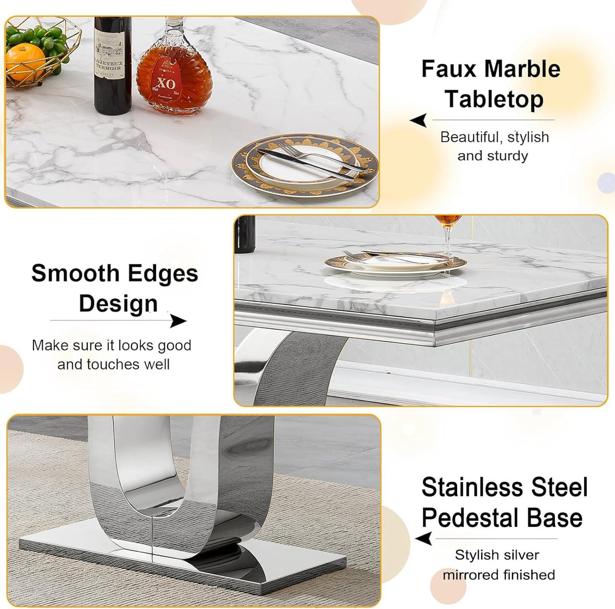 Faux Marble Dining Table for 4 to 6, 68 inch Luxury Dining Room Table with White Faux Marble Top & Silver Stainless Steel U Base, Modern Rectangle Dinner Table for Kitchen Living Dining Room Apartment
