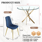 5-Piece Glass Dining Table Set, Modern Round Gold Dining Room Set with Tempered Glass Kitchen Table and 4 Blue Upholstered Chair for Apartment, Living Room
