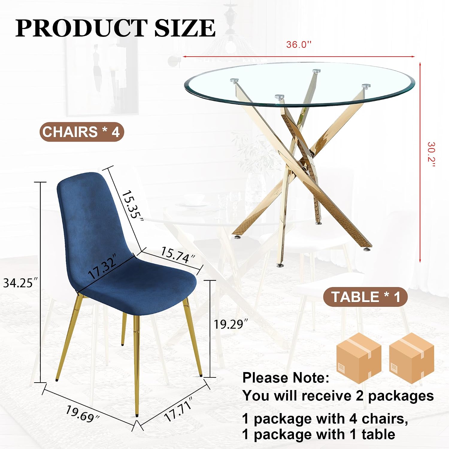 5-Piece Glass Dining Table Set, Modern Round Gold Dining Room Set with Tempered Glass Kitchen Table and 4 Blue Upholstered Chair for Apartment, Living Room