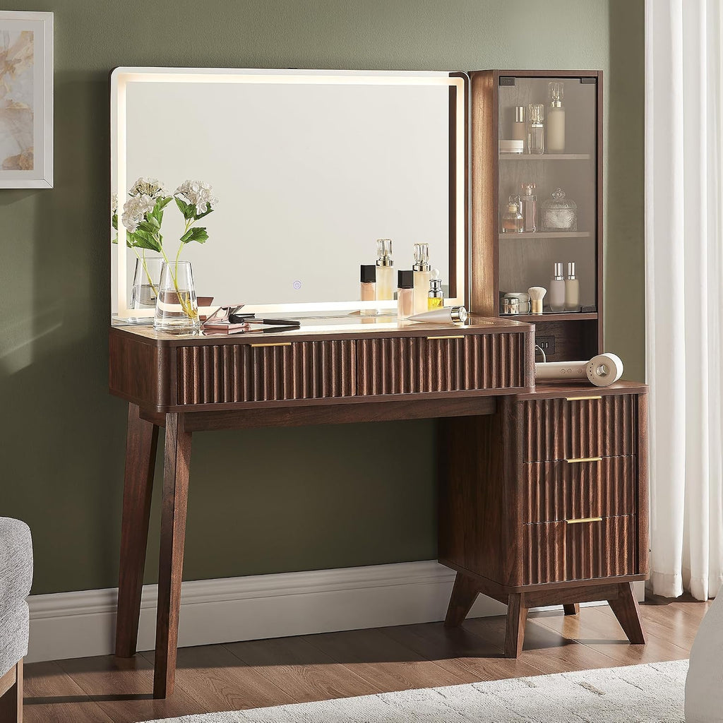 T4TREAM 48" Fluted Makeup Vanity Desk with 36" Lighted Mirror, Dark Walnut | Smart LED Mirror, Visible Glass Top, 5 Drawers & Adjustable Storage Shelves, Charging Station, Bedroom Makeup Storage