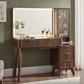 T4TREAM 48" Fluted Makeup Vanity Desk with 36" Lighted Mirror, Dark Walnut | Smart LED Mirror, Visible Glass Top, 5 Drawers & Adjustable Storage Shelves, Charging Station, Bedroom Makeup Storage
