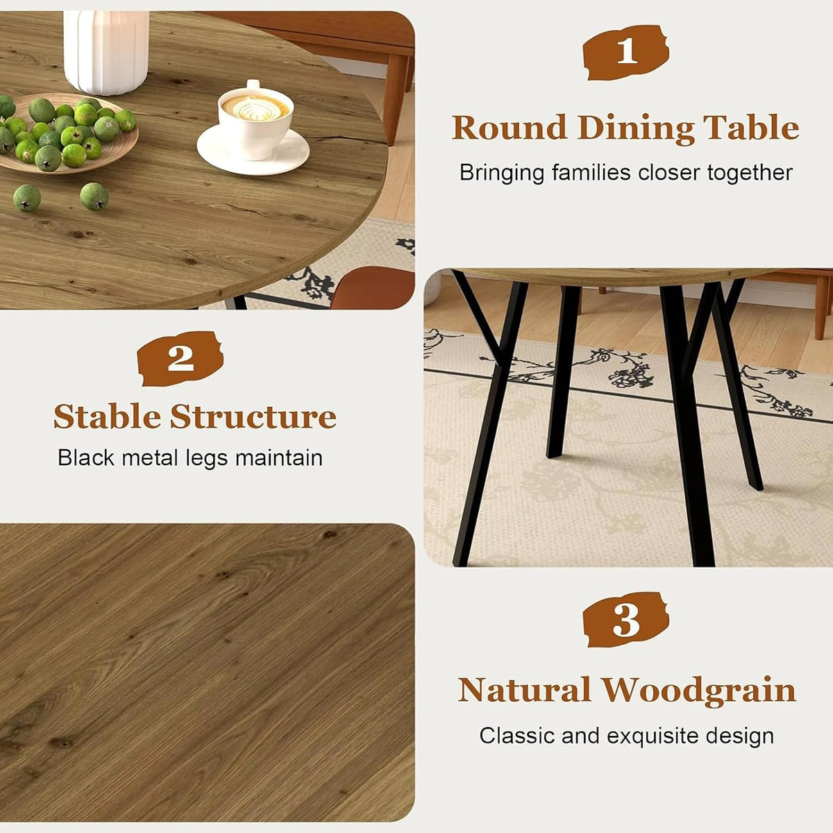 Round Dining Table 36" Wood Kitchen Table with Black Metal Legs, Modern Small Circular Kitchen Table for 2-4 People, Space Saving for Dining Room Apartment Kitchen