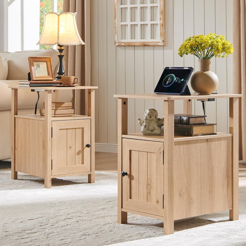 IFGET Farmhouse Nightstand Set of 2, End Table with Charging Station, Rustic Side Table w/Barn Door & Open Shelves, Bedside Table w/Storage Space and Storage Cabinet for Bedroom, Living Room (Natural)