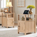 IFGET Farmhouse Nightstand Set of 2, End Table with Charging Station, Rustic Side Table w/Barn Door & Open Shelves, Bedside Table w/Storage Space and Storage Cabinet for Bedroom, Living Room (Natural)