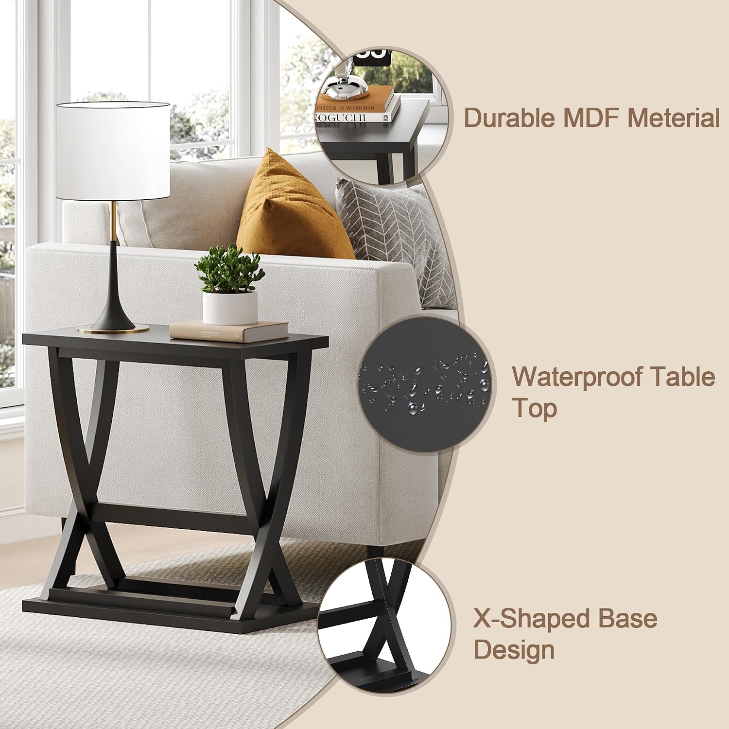 ChooChoo Black End Table, Narrow Side Table with Storage Shelf, Modern X-Design Slim Bedside Tables for Living Room, Bedroom, Small Spaces