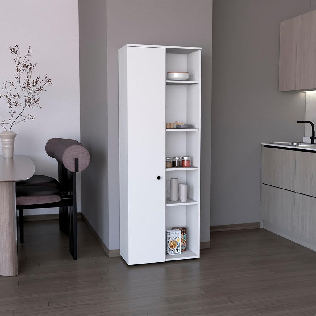 67" H Kitchen Storage Cabinet with One Door, Five Interior Shelves and Five Exterior Shelves,White