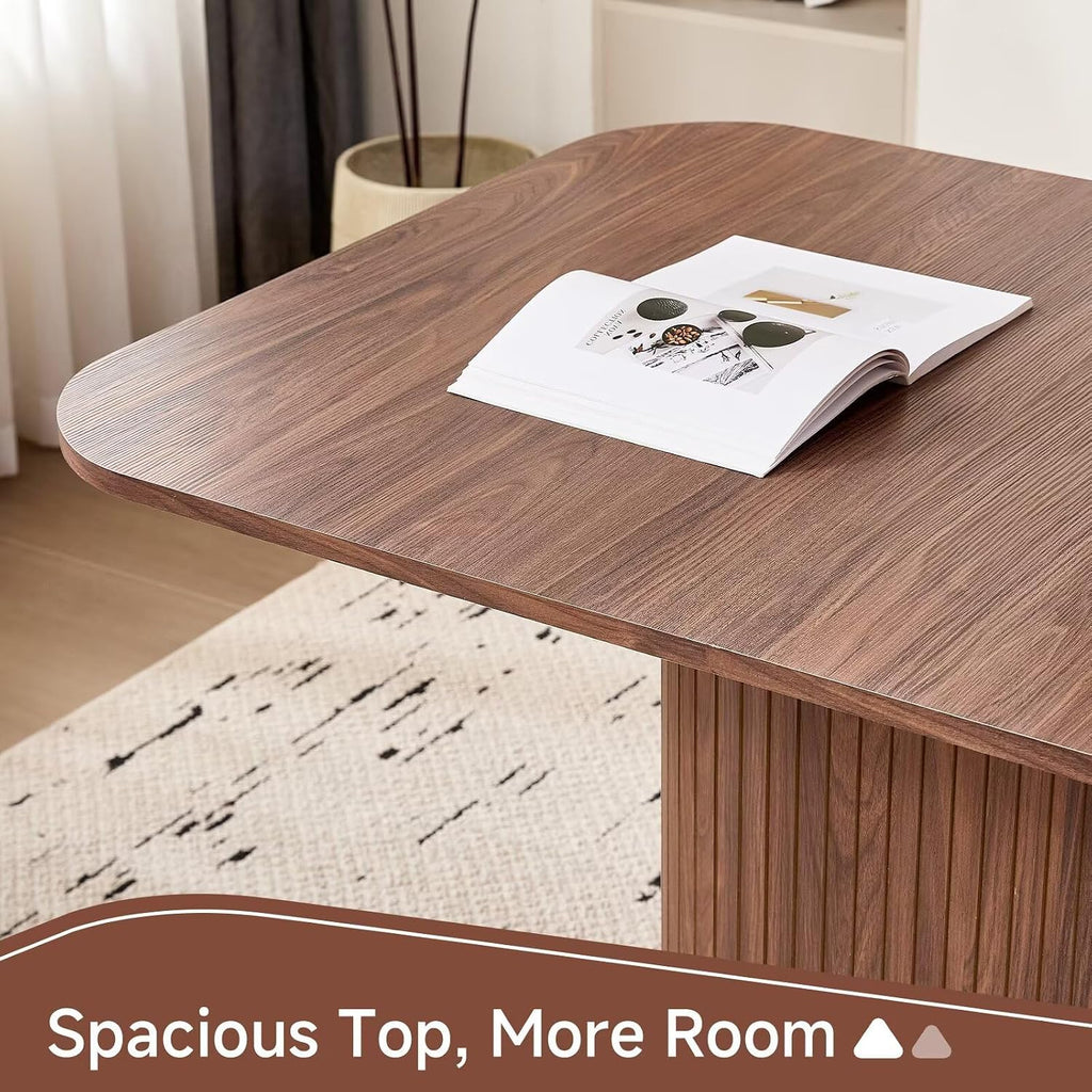 63" Large Dining Table for 4-6 People, Farmhouse Rectangular Modern Kitchen Dinner Table with Rounded Corners & Wood Strip Pedestal Base Rectangular for Dining Room, Brown Grain