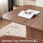 63" Large Dining Table for 4-6 People, Farmhouse Rectangular Modern Kitchen Dinner Table with Rounded Corners & Wood Strip Pedestal Base Rectangular for Dining Room, Brown Grain