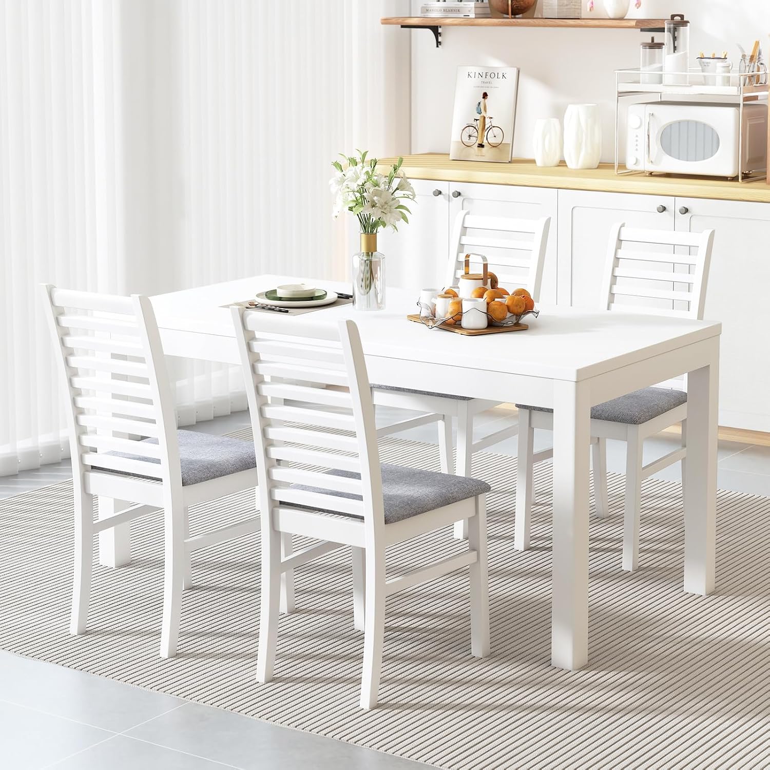 GOFLAME Wooden Dining Chairs Set of 4, Fabric Upholstered Kitchen Chairs with Rubber Wood Legs, Padded Seat & High Backrest, Armless Side Chairs for Dining Room, Living Room, Restaurant, White