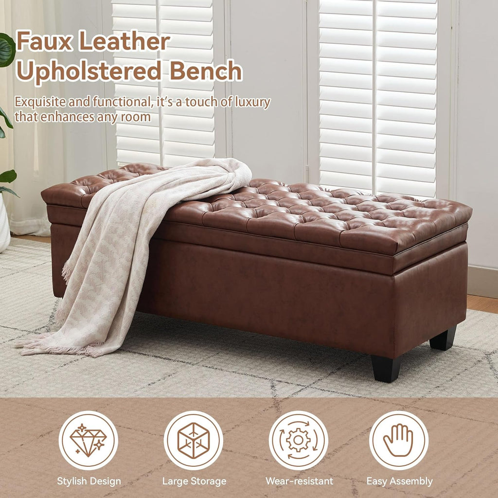 WUTUTUEE 50" Faux Leather Storage Ottoman Bench, Upholstered Rectangle End of Bed Storage Ottoman Tufted Living Room Bedroom Bench with Safety Hinge, Solid Wood Legs, Loads 500 lb(Brown)
