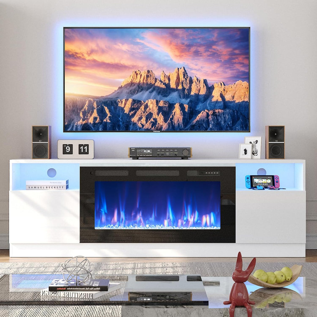 70" TV Stand with 36" Electric Fireplace, Large Modern Media Entertainment Center with Storage Cabinet and 12 Colors LED Lights for TVs Up to 80",White and Black