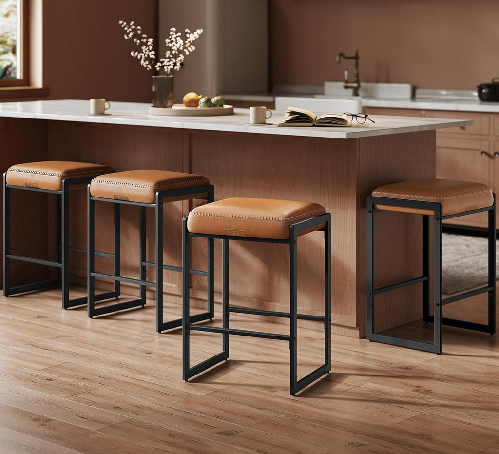 VASAGLE Bar Stools Set of 4, Counter Height, PU Leather, 26-Inch | Mid-Century Modern Bar Stool with Stitching, Kitchen, Home Bar, Dining Room, Caramel Brown, EKHO Collection ULBC286K01
