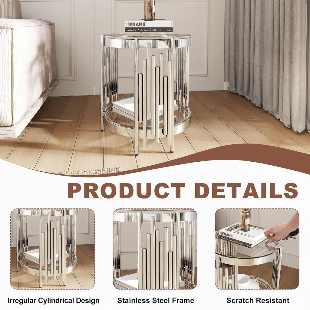Round Glass End Table, 2-Tier Small Side Table with Tempered Glass Top and Sliver Stainless Steel Legs, Elegant Sofa Accent Table for Living Room, Bedroom, Easy to Assembly