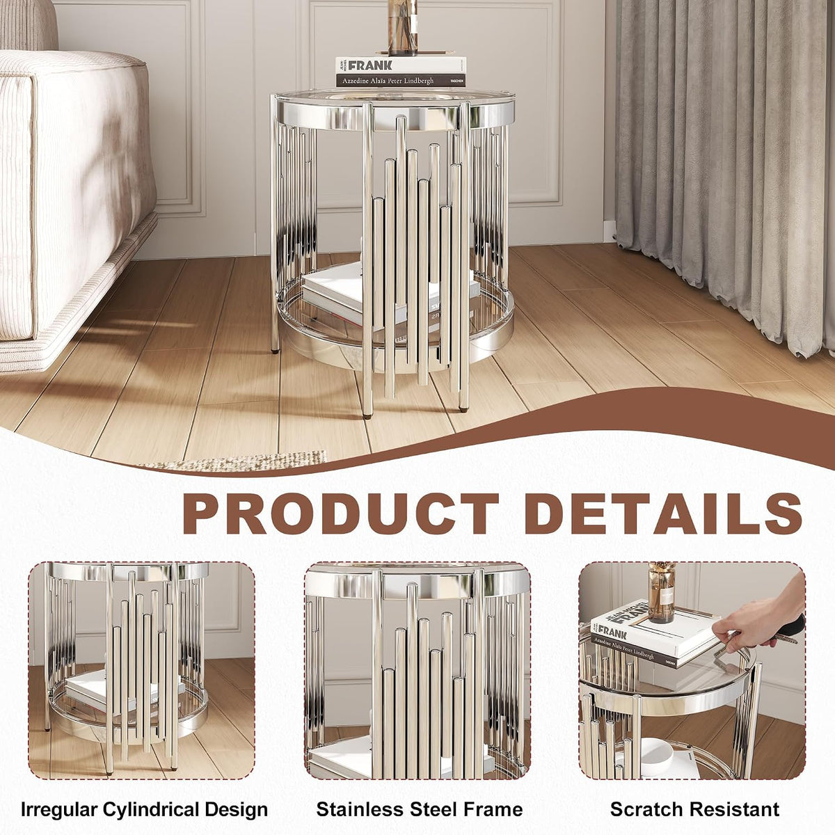 Round Glass End Table, 2-Tier Small Side Table with Tempered Glass Top and Sliver Stainless Steel Legs, Elegant Sofa Accent Table for Living Room, Bedroom, Easy to Assembly