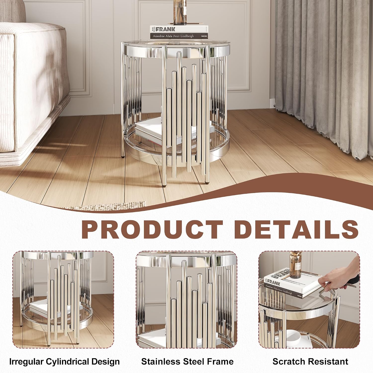 2 Tier Glass End Table with Storage, Round-Shaped Stainless Steel Side Table with Tempered Glass Top, Modern Accent Table for Living Room, Bedroom, Easy Assembly, Silver/Clear