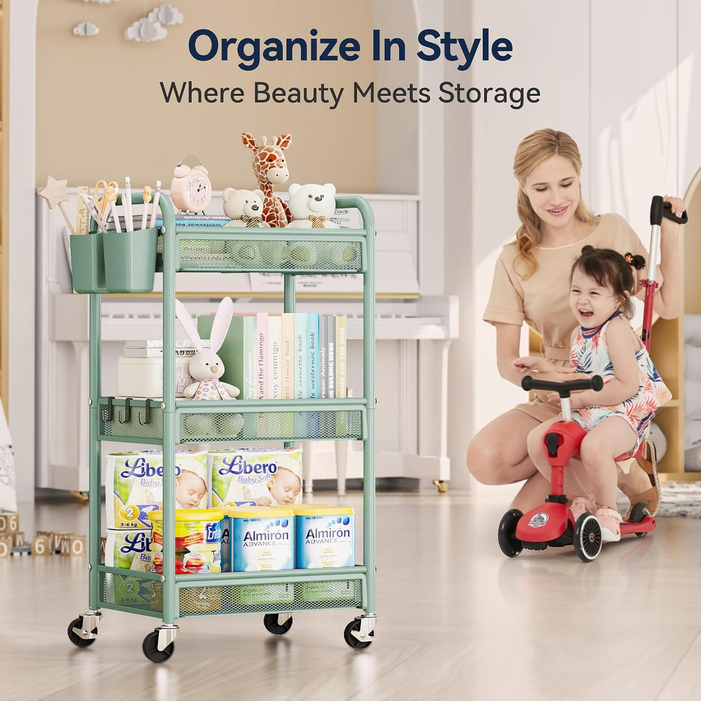 YASONIC 3 Tier Metal Rolling Cart, Green Utility Storage Cart with Wheels | Metal Mesh Craft Cart With Hooks & Hanging Cups, Ideal For Kitchen, Bathroom, Office, Dorm, Art Workspace, Bedside Storage