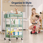 YASONIC 3 Tier Metal Rolling Cart, Green Utility Storage Cart with Wheels | Metal Mesh Craft Cart With Hooks & Hanging Cups, Ideal For Kitchen, Bathroom, Office, Dorm, Art Workspace, Bedside Storage